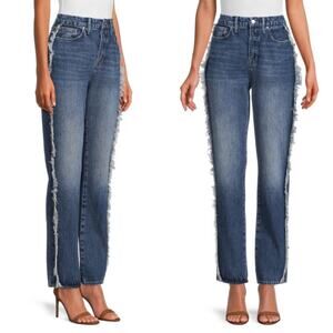 GOOD AMERICAN Good Boy Side Frayed Straight Leg Jeans Blue High Rise Size 25 NEW